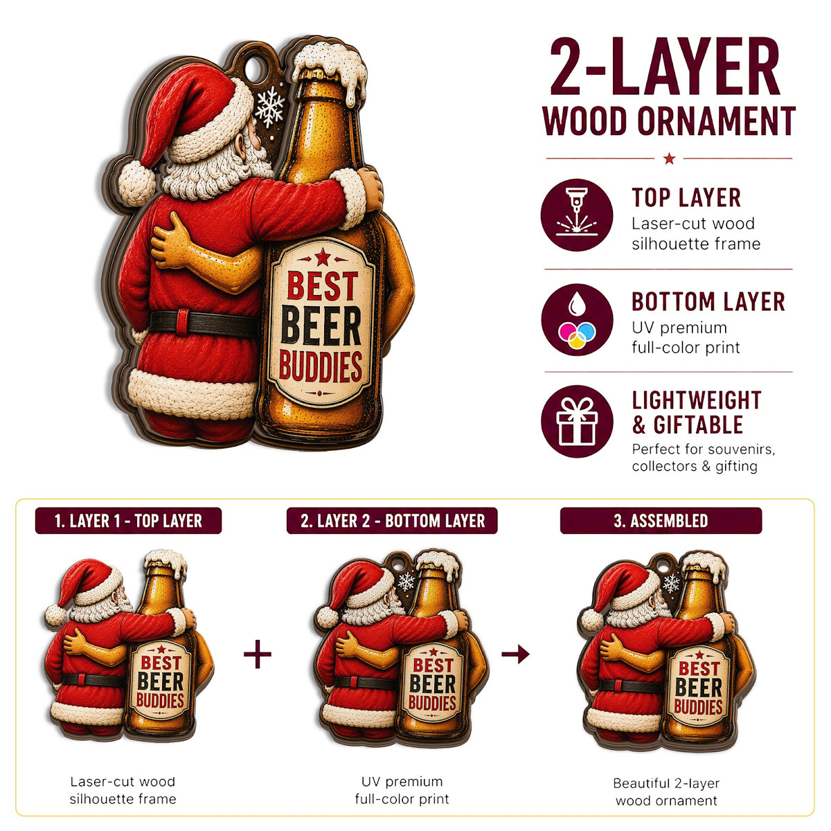 Santa Beer Buddies Wood Christmas Ornament