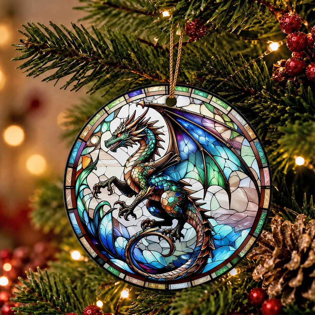 Dragon Christmas Ornament, Stained Glass Fantasy Lover Gift, Ceramic Hanging Tree Decoration