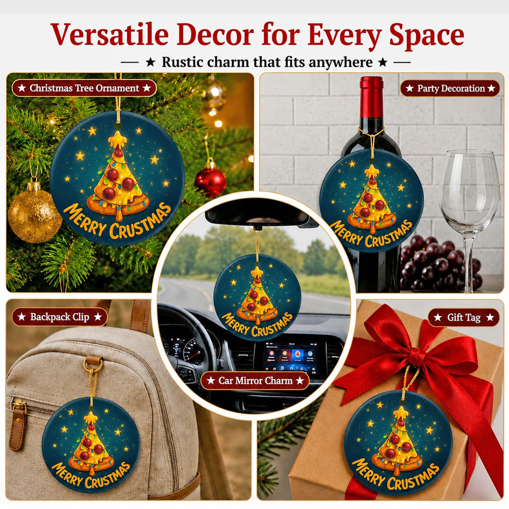 Pizza Christmas Ornament, Merry Crustmas Funny Foodie Gift, Ceramic Hanging Tree Decoration
