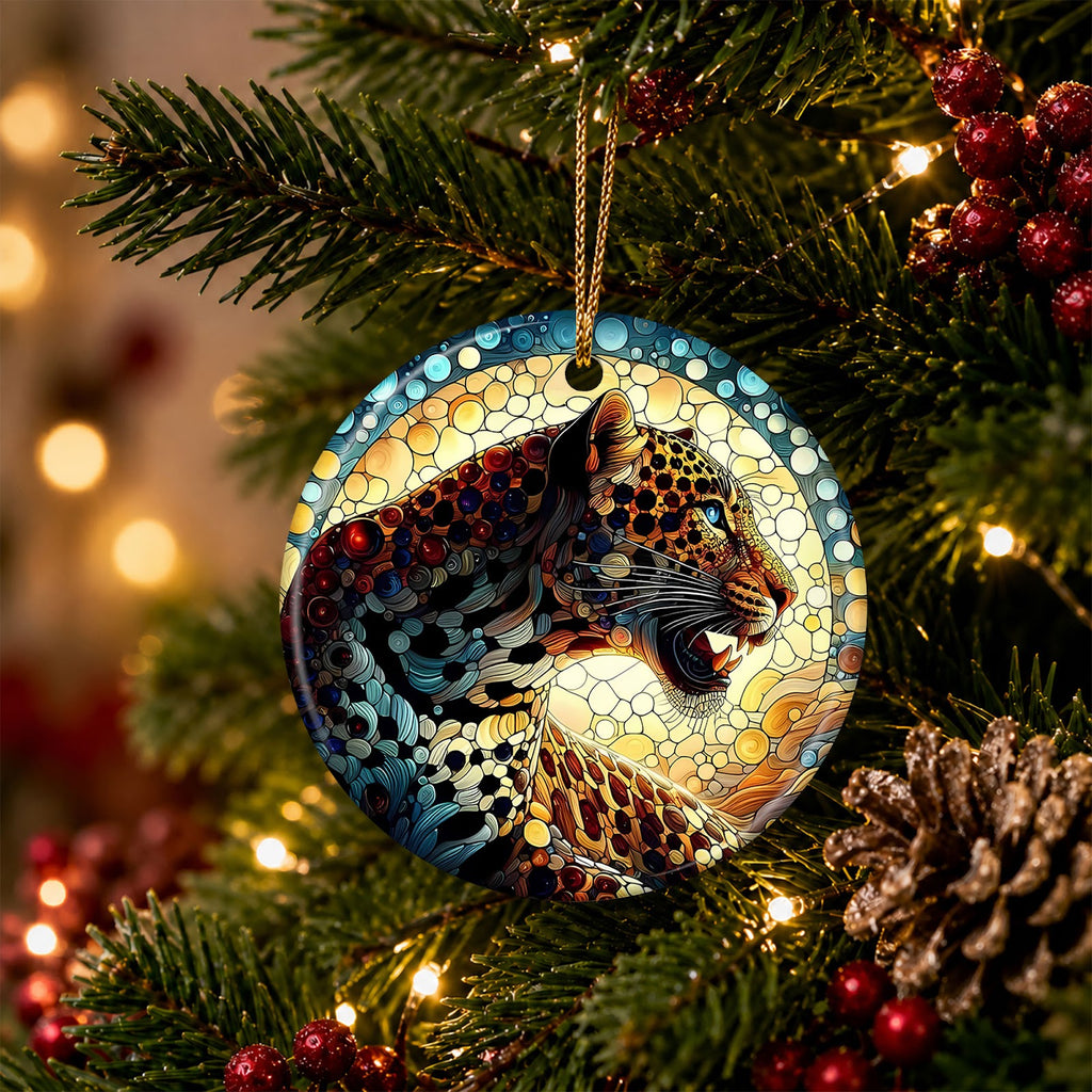 Big Cat Christmas Ornament, Mosaic Leopard Wild Art Gift, Ceramic Hanging Tree Decoration