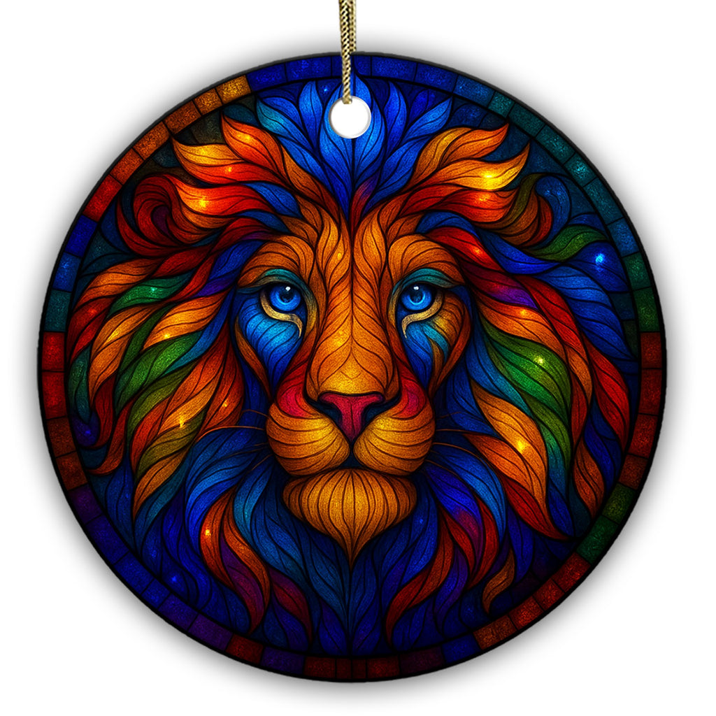 Golden Lion With a Rainbow Panelled Mane on a Starry Navy Ground. Ceramic Keepsake for Big Cat Lovers.