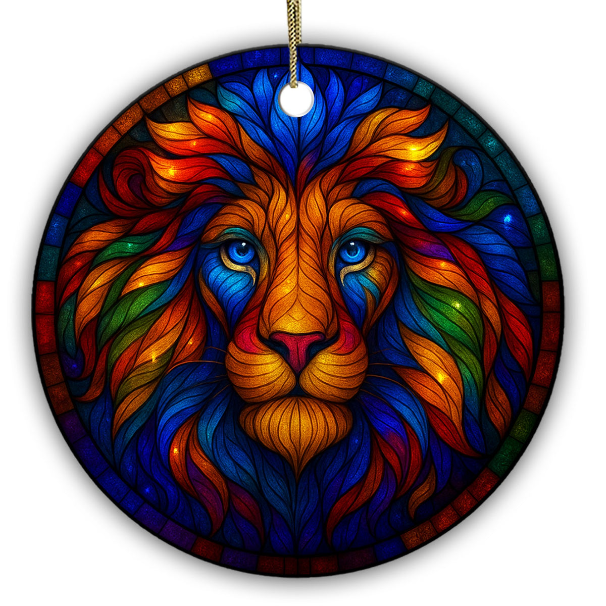 Golden Lion With a Rainbow Panelled Mane on a Starry Navy Ground. Ceramic Keepsake for Big Cat Lovers.