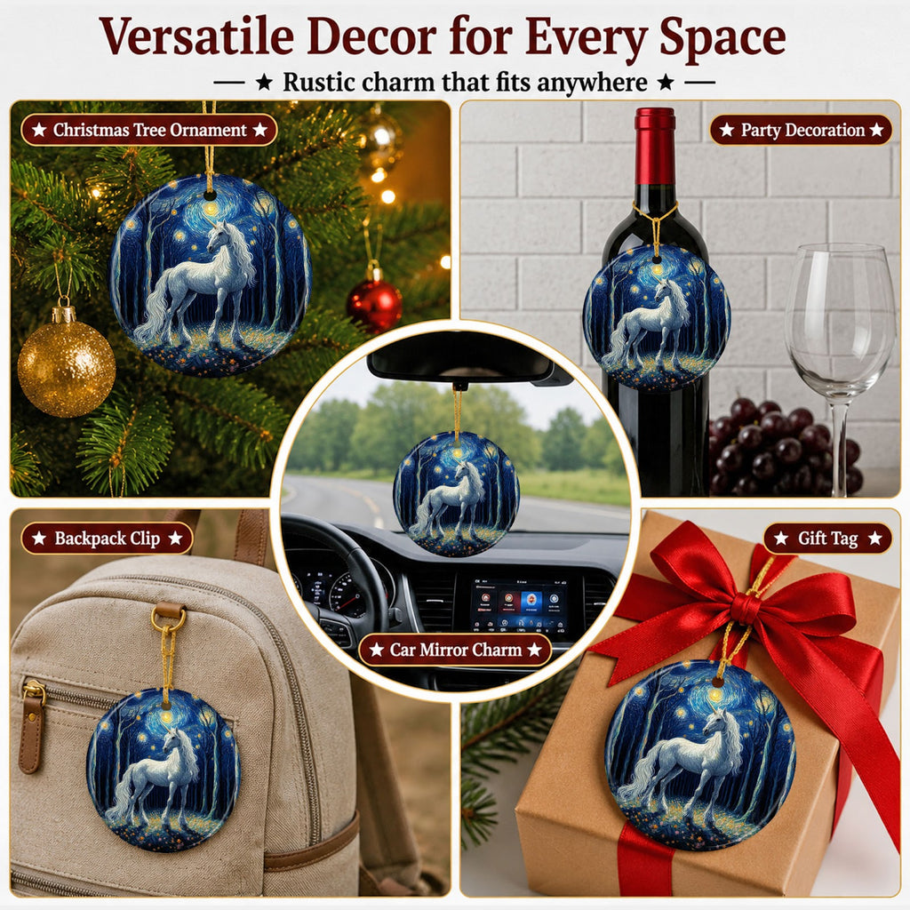 Unicorn Christmas Ornament, Starry Night Painterly Gift, Ceramic Hanging Tree Decoration