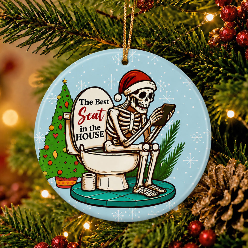 Funny Skeleton Christmas Ornament, Best Seat In The House, Ceramic Hanging Tree Decoration