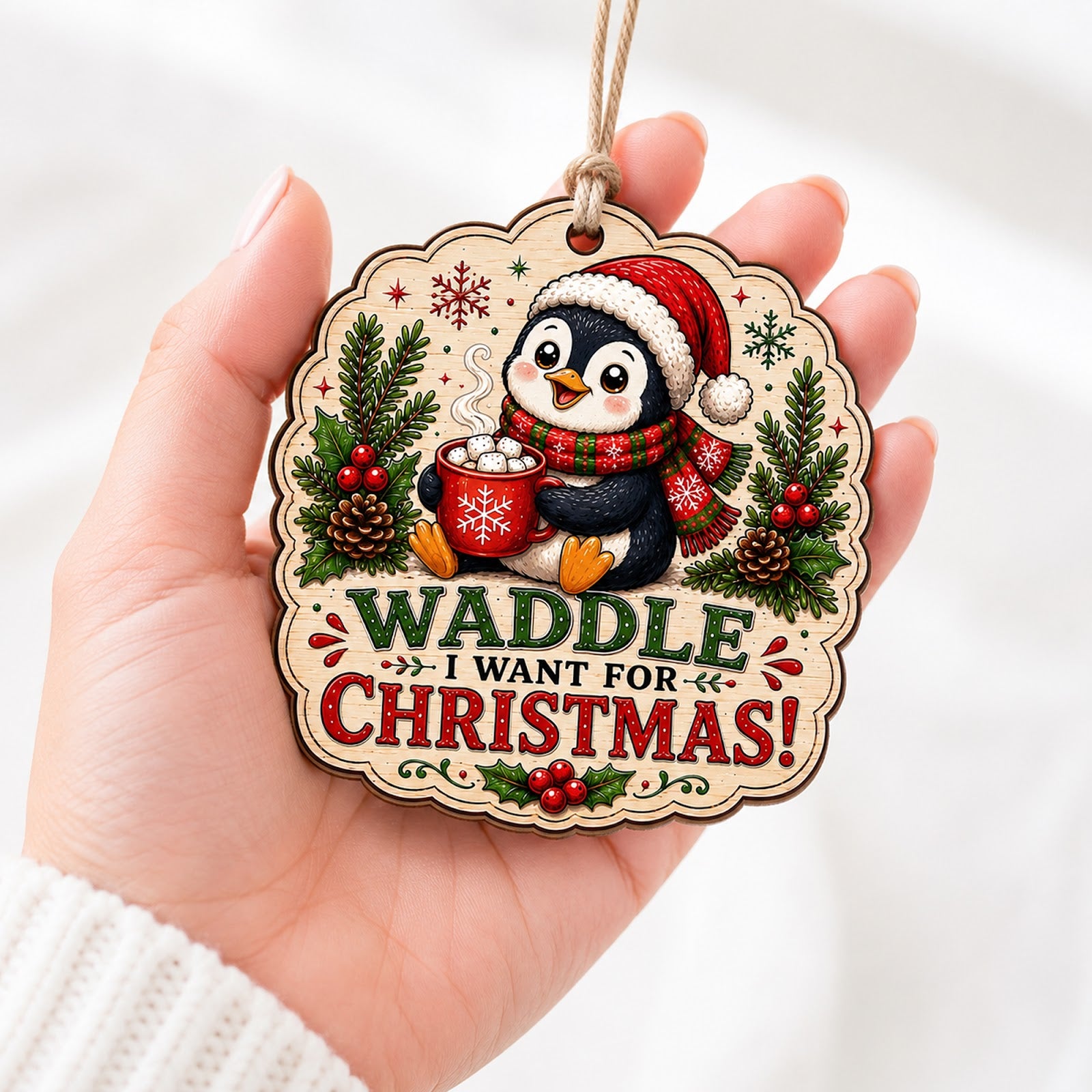 Penguin Christmas Ornament, Stocking Stuffer For Penguin Lover, Wood Hanging Tree Decoration