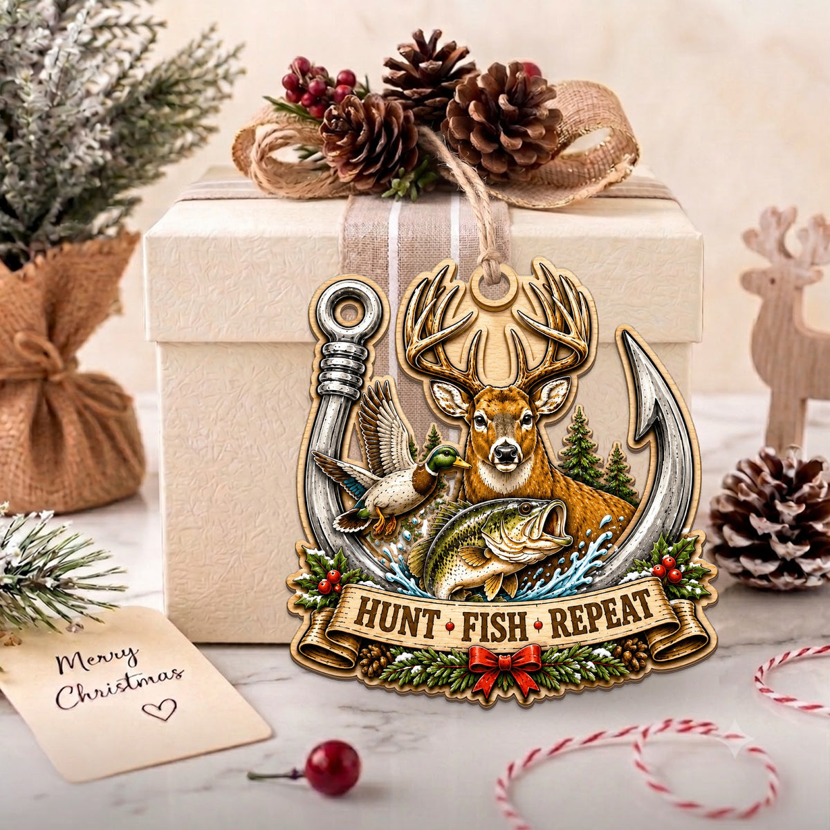 Hunt Fish Repeat Outdoorsman Christmas Ornament, Outdoorsman Lifestyle Keepsake, Wood Ornament