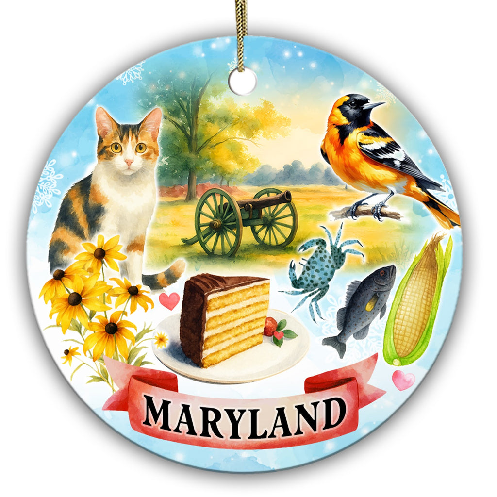 Blue Crab, Rockfish, Layer Cake and a Black-Eyed Susan Meadow. Ceramic Keepsake for Maryland Memories.