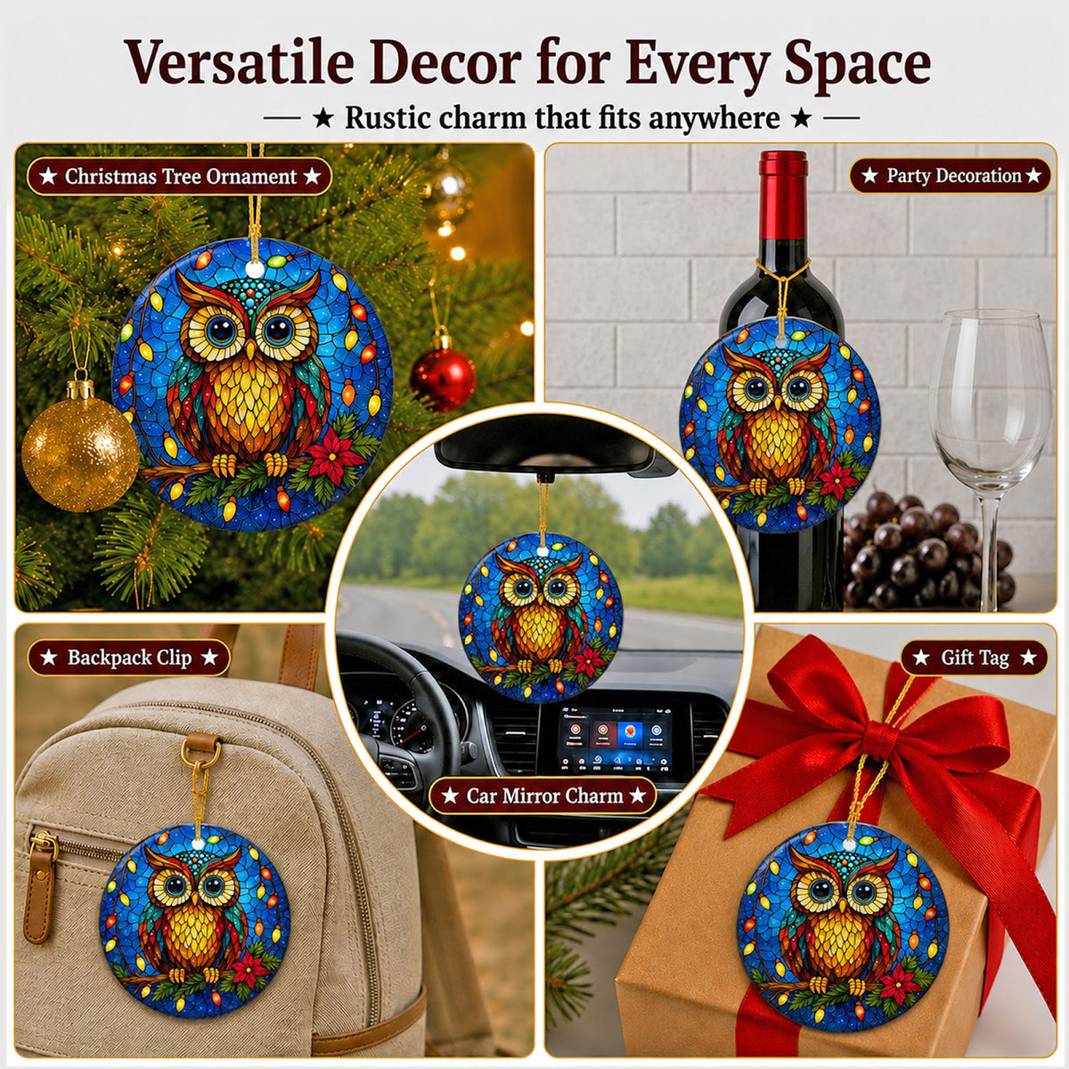 Owl Christmas Ornament, Stained Glass Festive Bird Gift, Ceramic Hanging Tree Decoration
