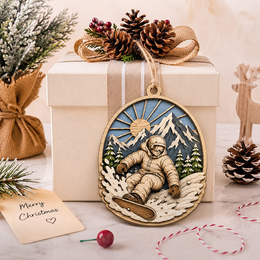 Snowboarder Mountain Wood Christmas Ornament