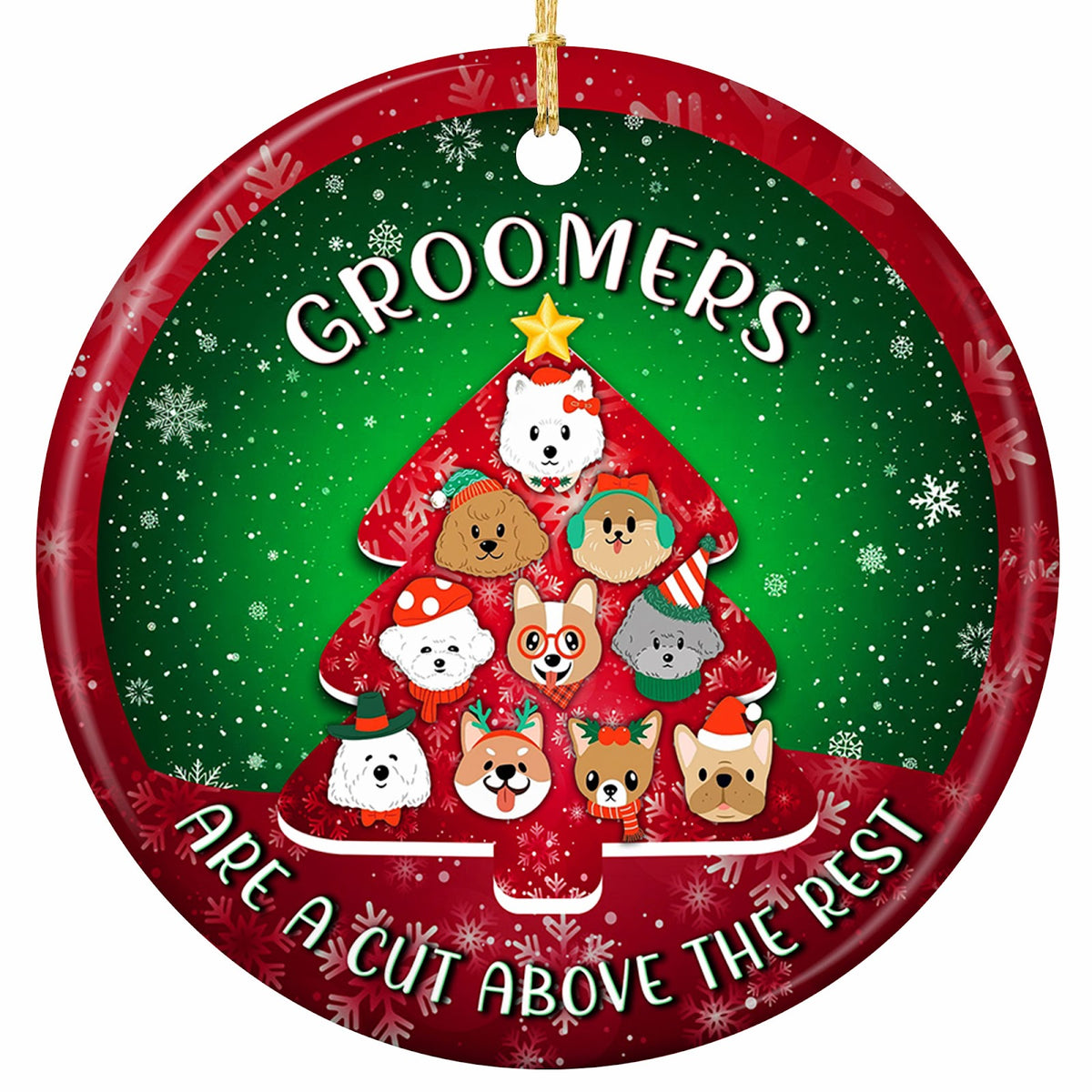 A Christmas Tree Built From Eleven Dog Faces in Hats, Scarves and Antlers. Ceramic Keepsake for Groomers.