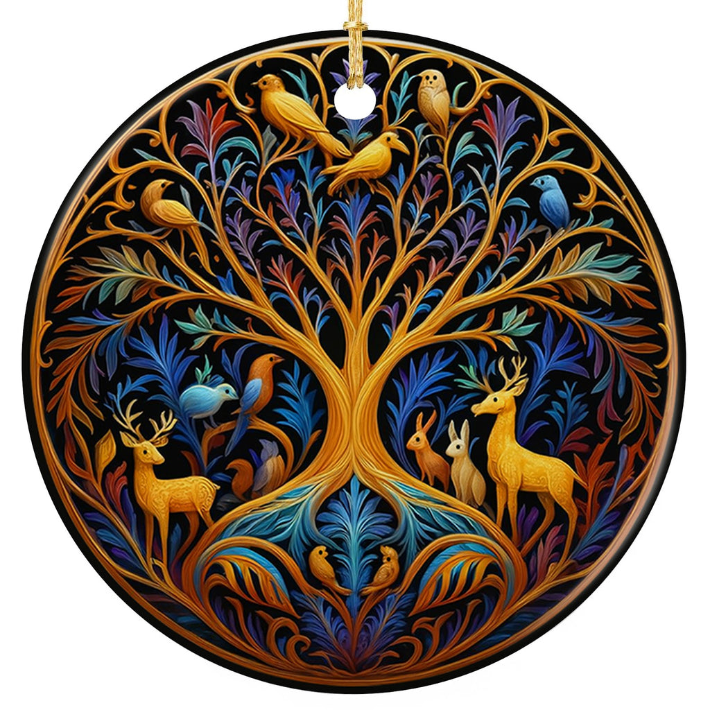 Golden Swirling Tree on Black With Jewel Toned Leaves, Perched Birds and Deer. Ceramic Keepsake.