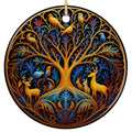 Golden Swirling Tree on Black With Jewel Toned Leaves, Perched Birds and Deer. Ceramic Keepsake.