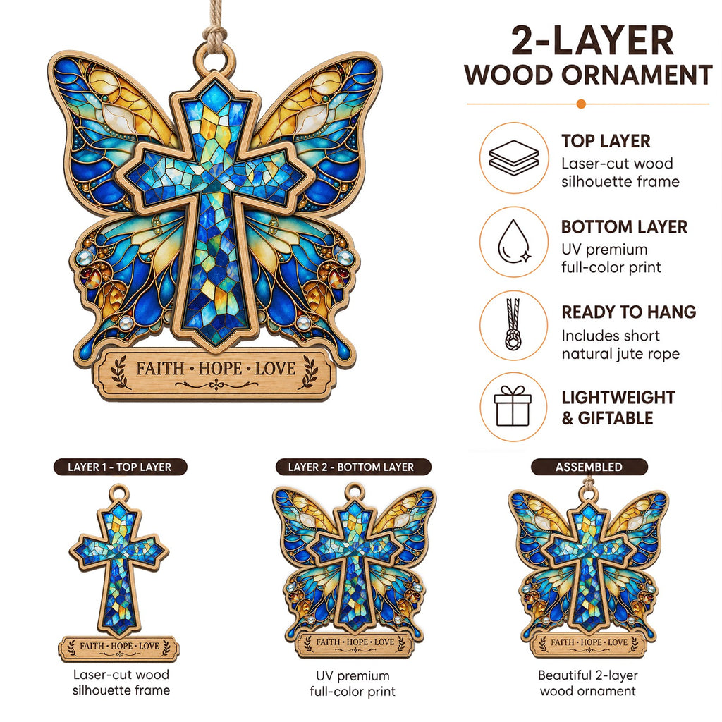 Butterfly Faith Christmas Ornament, Inspirational Christian Gift, Wood Hanging Tree Decoration