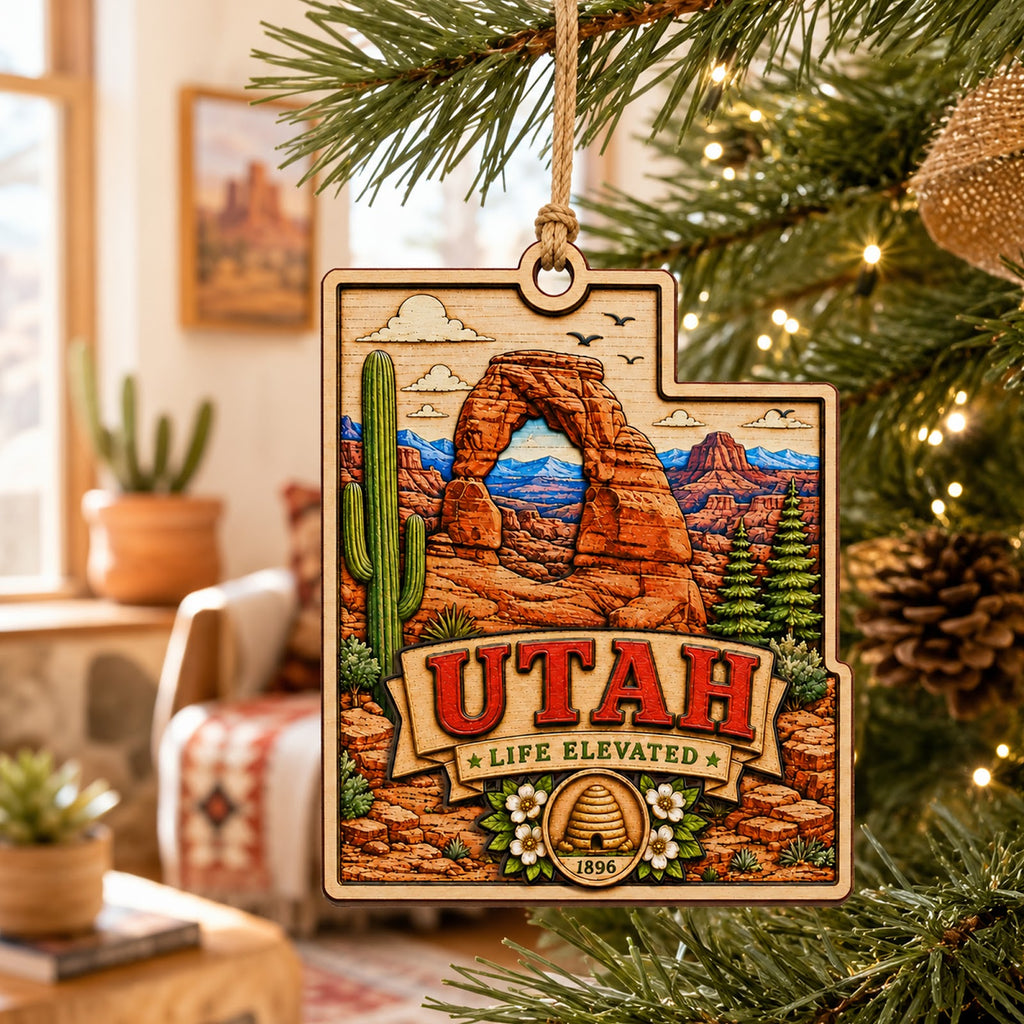 Utah Christmas Ornament, Red Rock Arches and Canyon Hiker Gift, Wood Hanging Tree Decoration