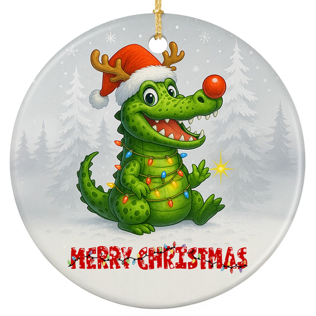 Green Cartoon Alligator in a Santa Hat With Antlers, Waving in Snow. Ceramic Keepsake for Gator Fans.
