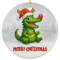 Green Cartoon Alligator in a Santa Hat With Antlers, Waving in Snow. Ceramic Keepsake for Gator Fans.