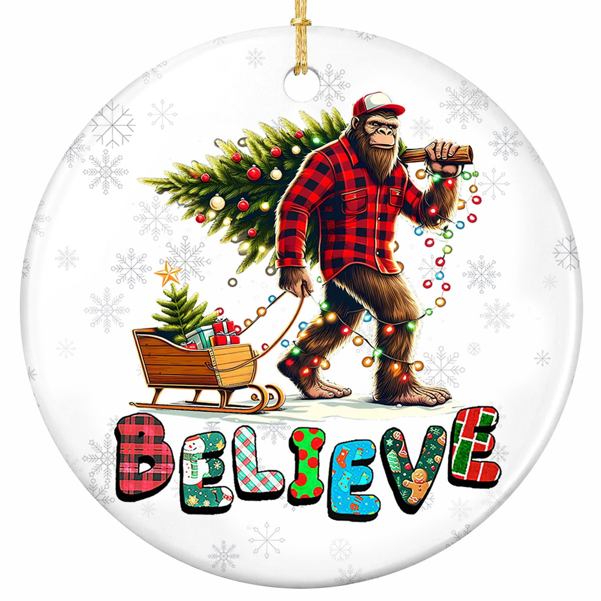 Sasquatch in Plaid Flannel Hauling a Decorated Tree and Pulling a Gift-Loaded Sleigh. Ceramic Keepsake.