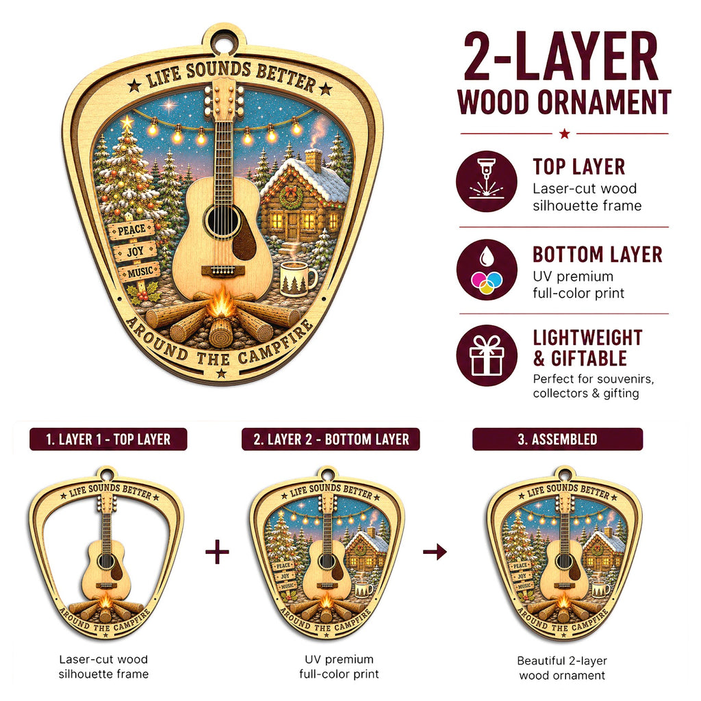 Guitar Campfire Music Outdoor Christmas Ornament, Stocking Stuffer For Guitarist, Wood Ornament