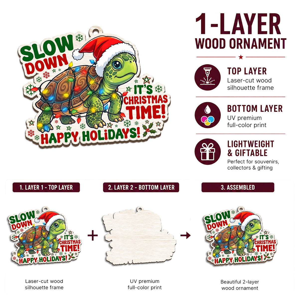Turtle Christmas Ornament, Stocking Stuffer For Ocean Lover, Wood Hanging Tree Decoration