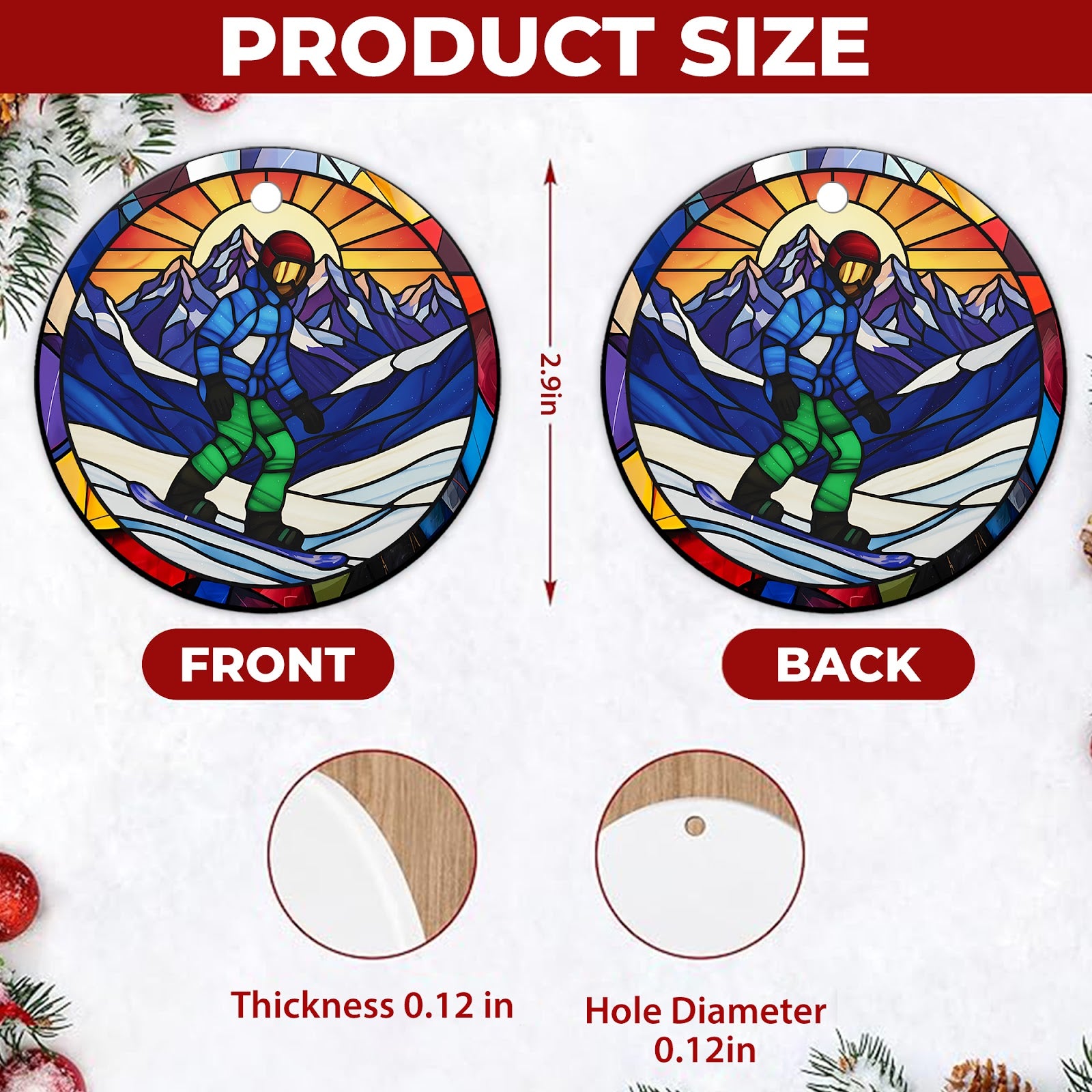 Snowboard Christmas Ornament, Stained Glass Ski Slope Gift, Ceramic Hanging Tree Decoration