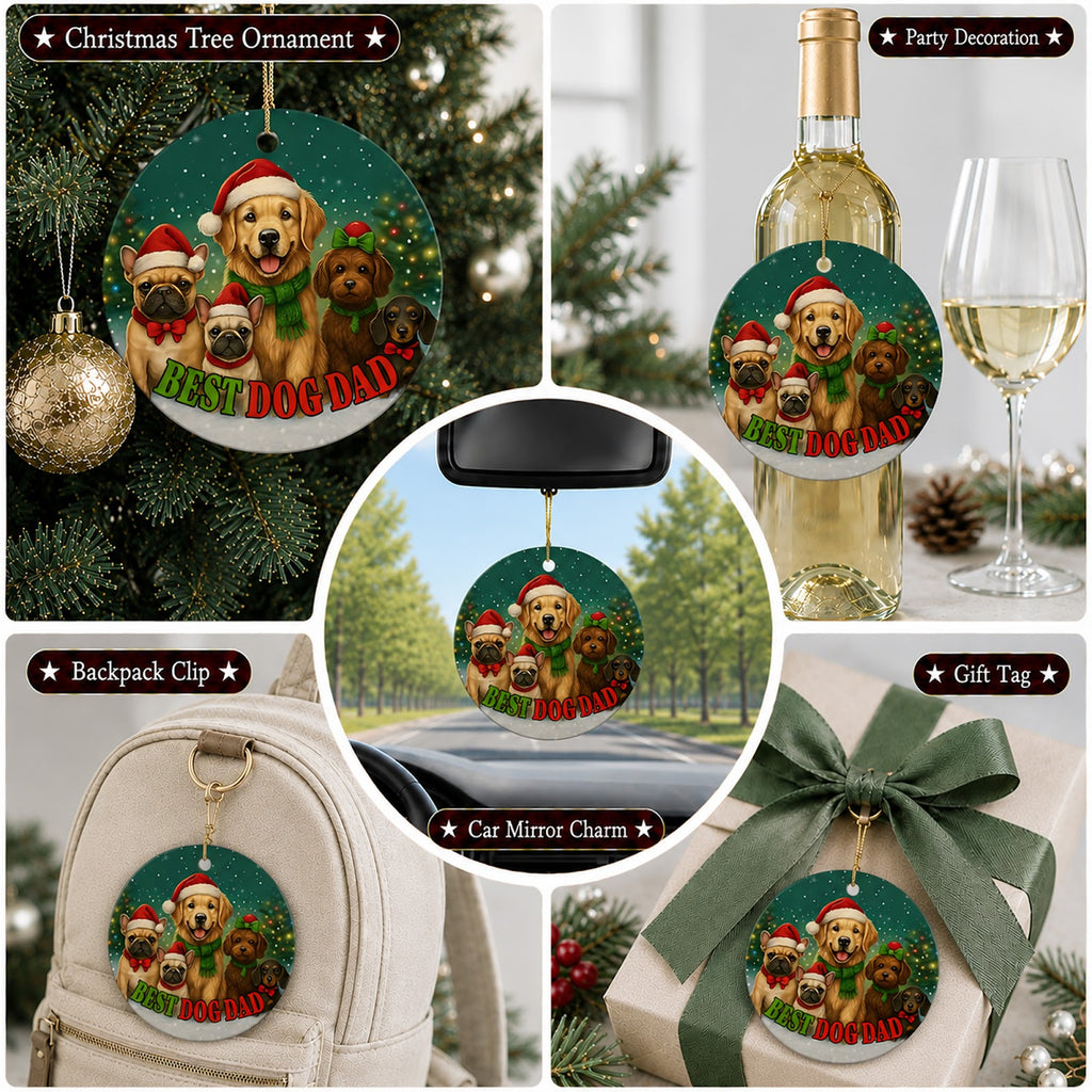 Dog Dad Christmas Ornament, Best Dog Dad Five Dogs Gift, Ceramic Hanging Tree Decoration