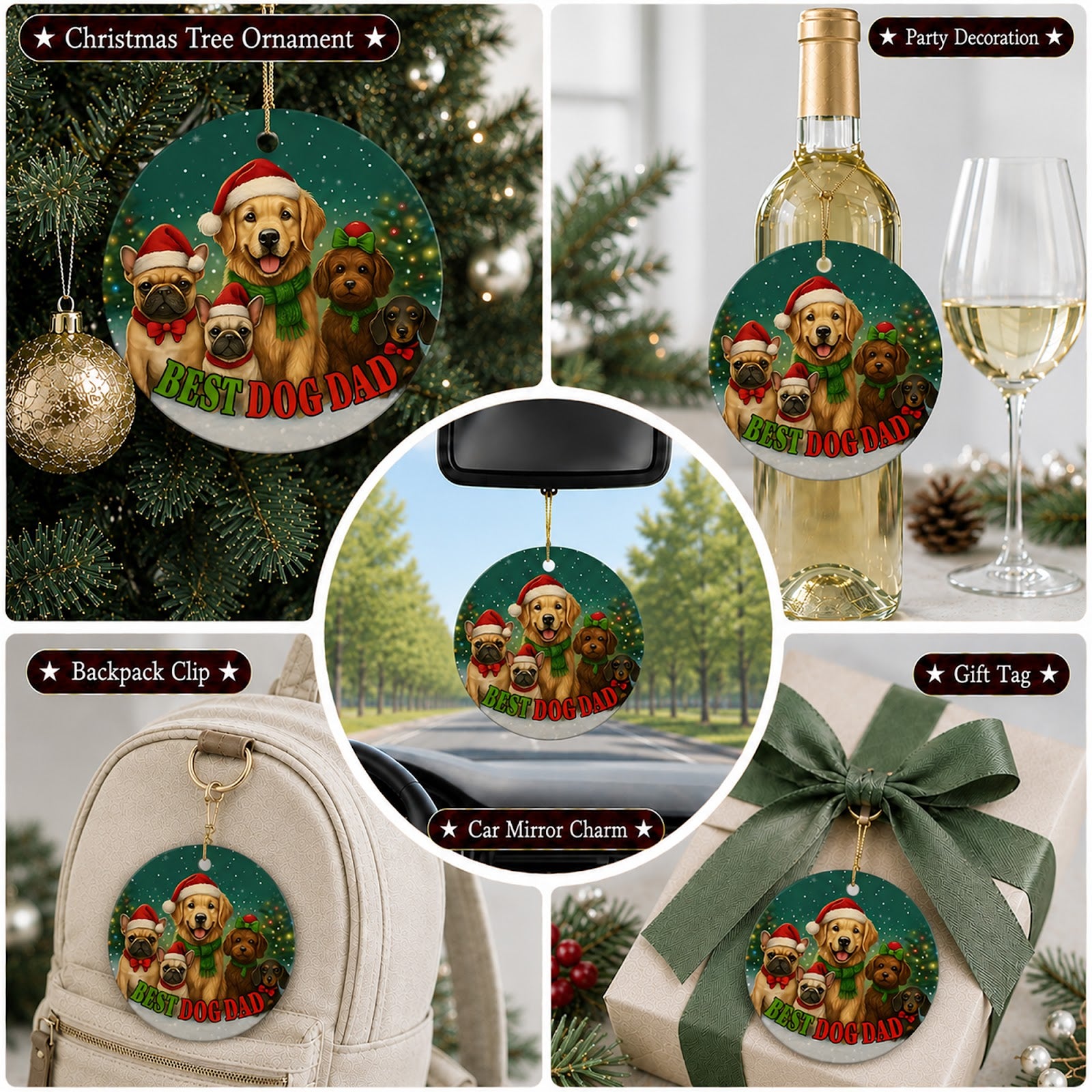 Dog Dad Christmas Ornament, Best Dog Dad Five Dogs Gift, Ceramic Hanging Tree Decoration