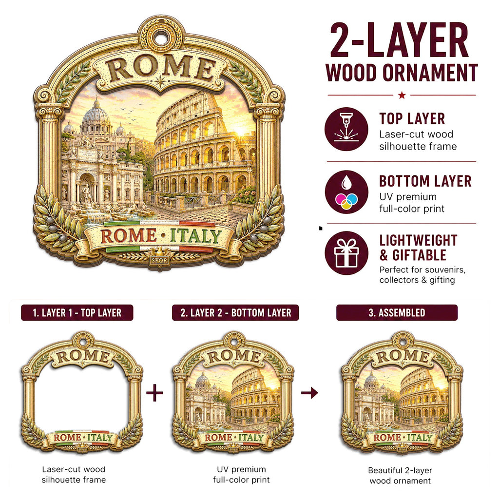 Rome Christmas Ornament, Italy Colosseum Travel Souvenir Gift, Wood Hanging Tree Decoration