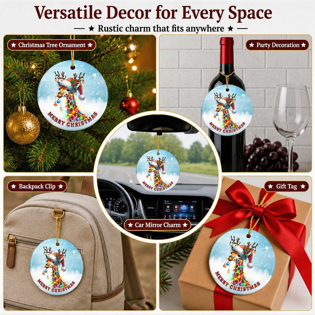 Giraffe Christmas Ornament, Santa Hat Safari Zoo Gift, Ceramic Hanging Tree Decoration
