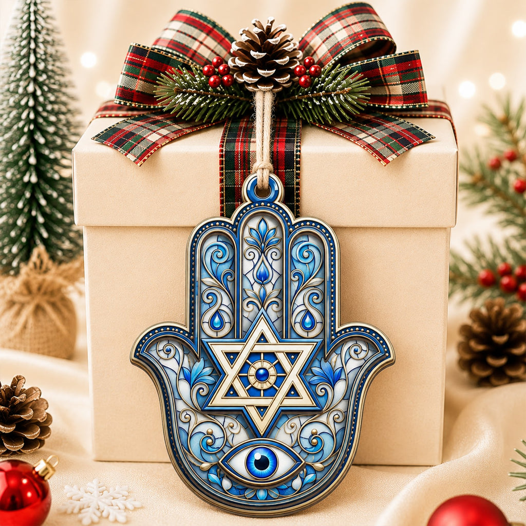 Judaica Protection Hamsa Jewish Christmas Ornament, Hamsa Protection Keepsake, Wood Ornament