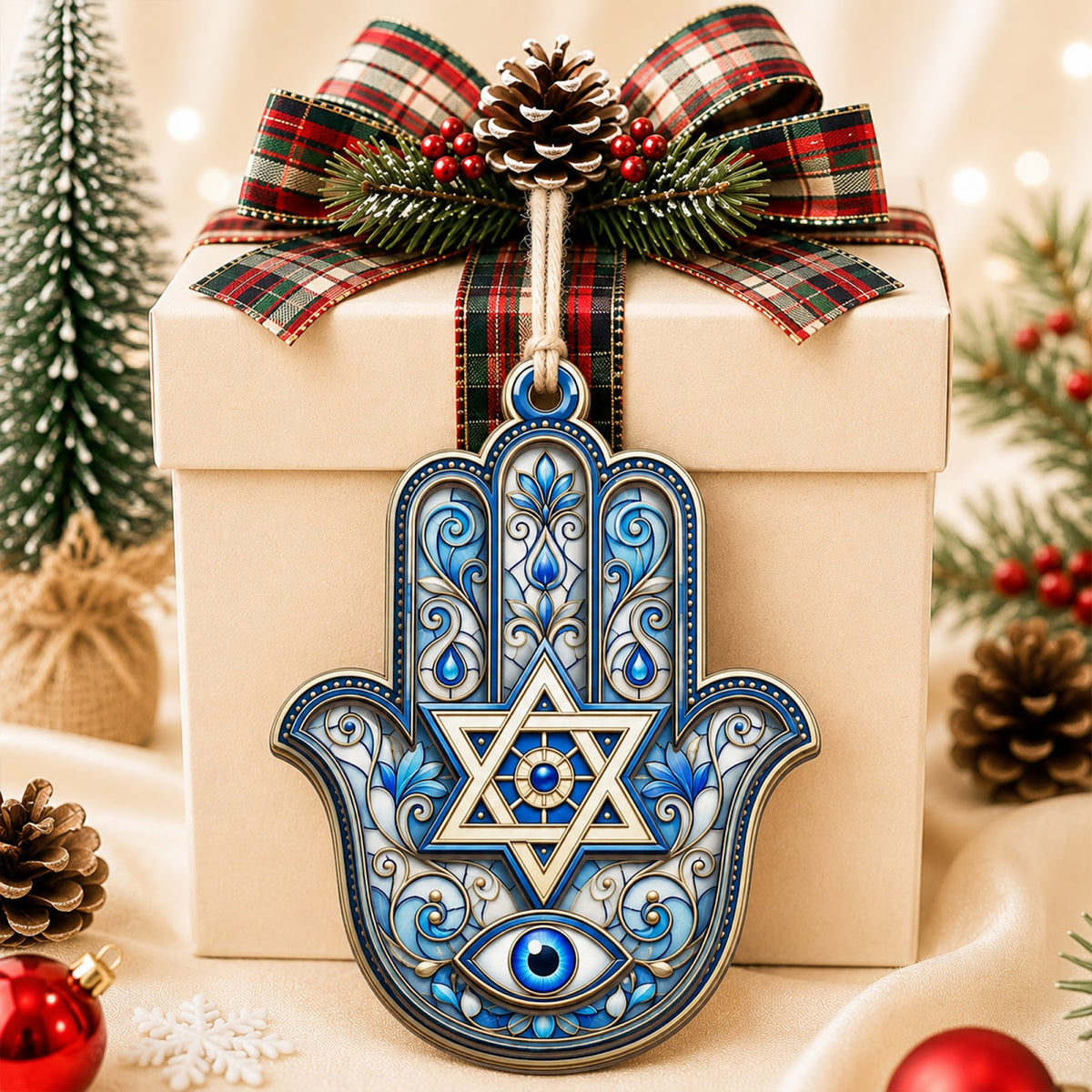 Judaica Protection Hamsa Jewish Christmas Ornament, Hamsa Protection Keepsake, Wood Ornament