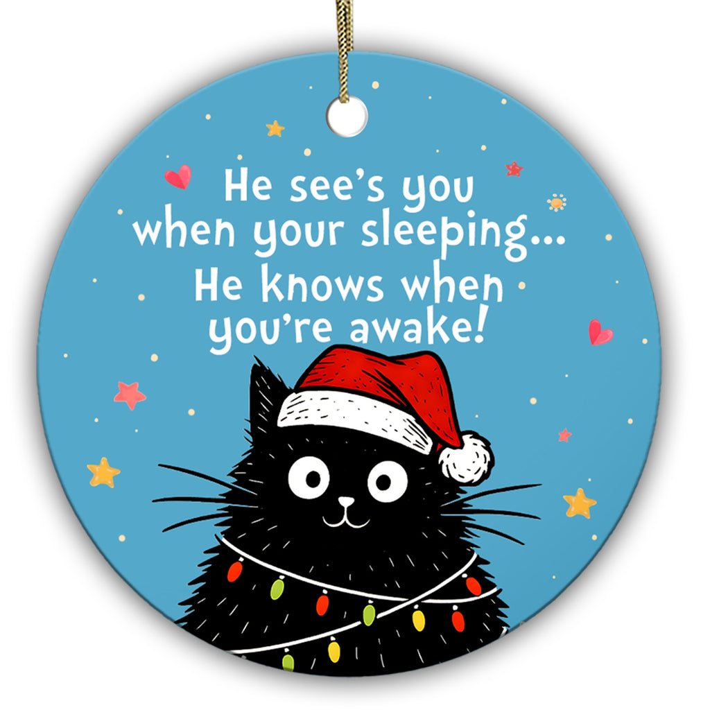Scruffy Black Cat in a Santa Hat Tangled in Bulb Lights. Ceramic Keepsake for Black Cat Owners.