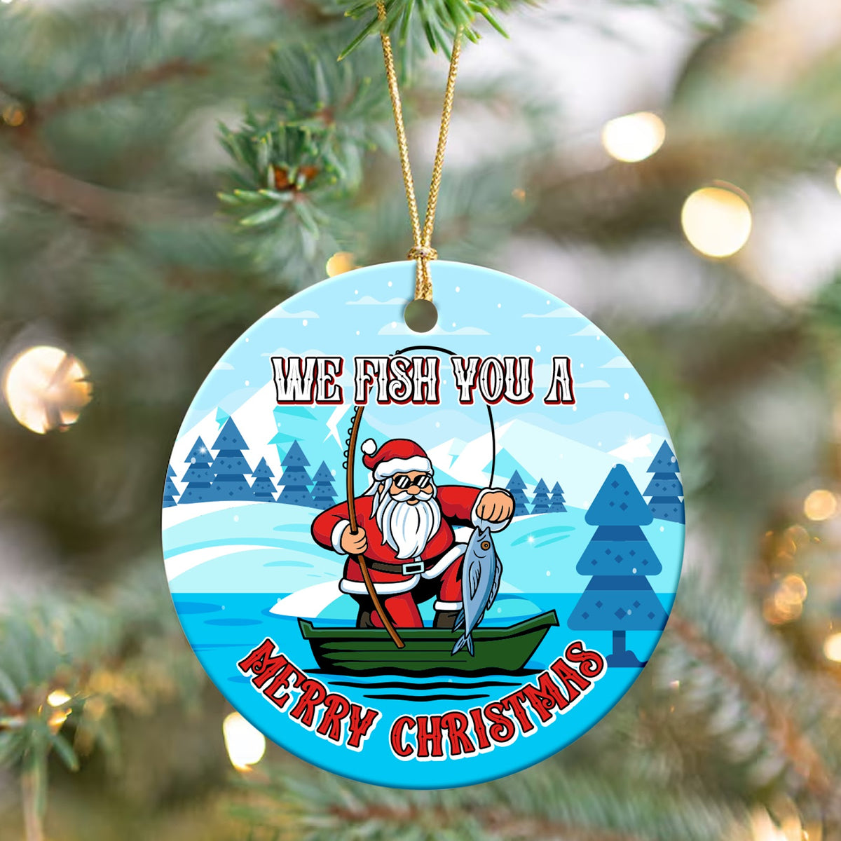 Fishing Christmas Ornament, We Fish You A Merry Gift, Ceramic Hanging Tree Decoration