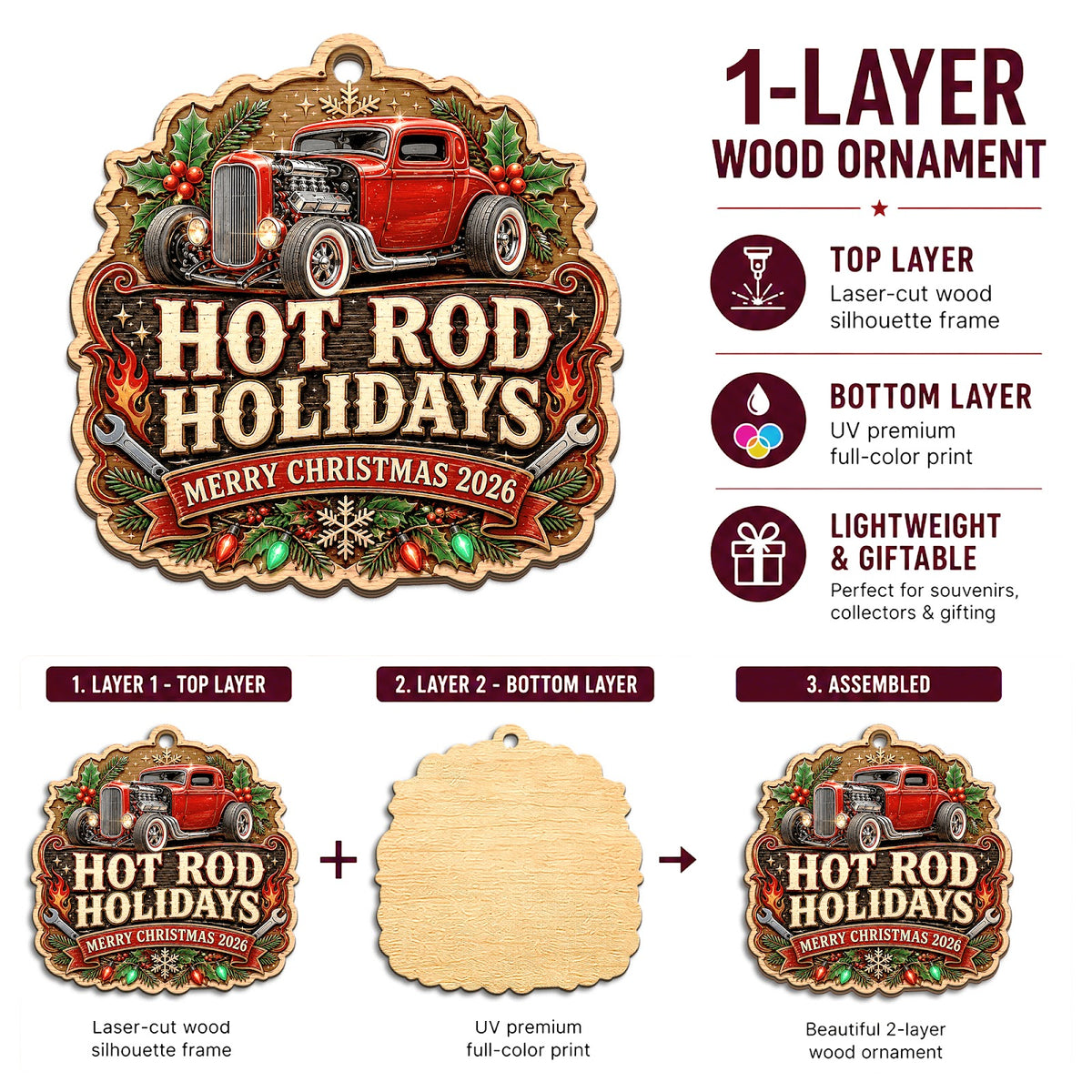 Hot Rod Classic Car Custom Christmas Ornament, Stocking Stuffer For Car Guy, Wood Ornament