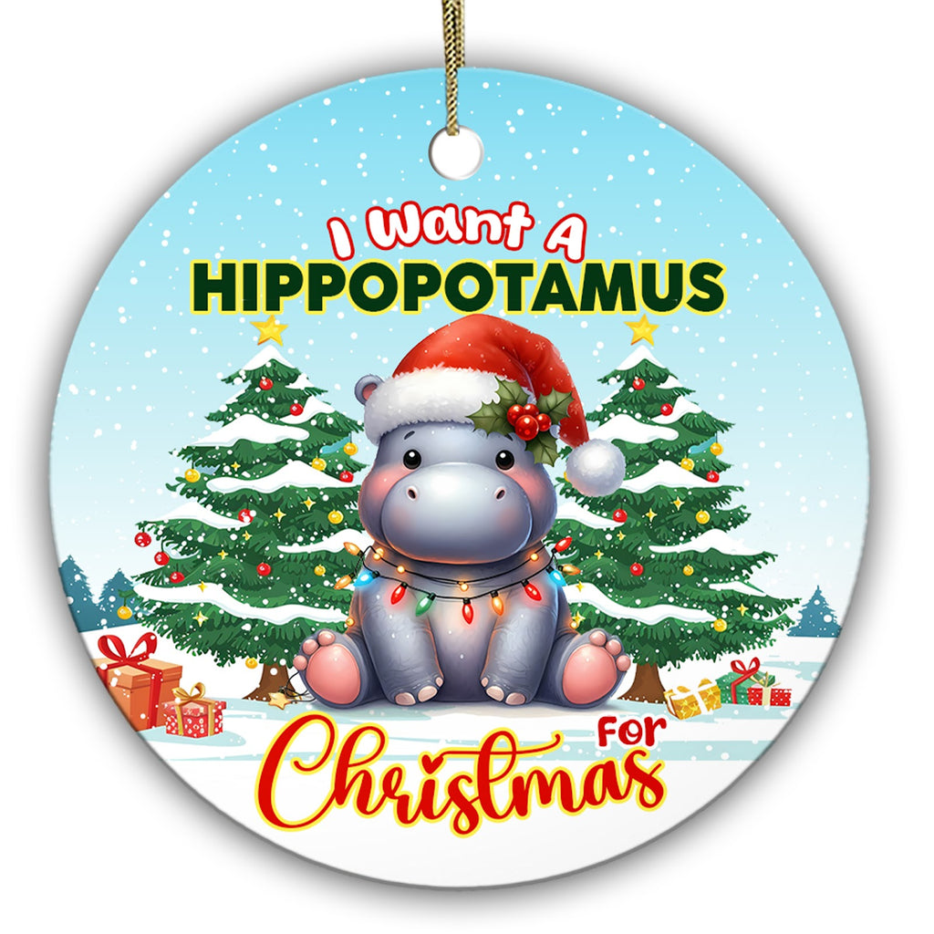 Baby Hippo in an Oversized Santa Hat Draped in Bulb Lights Between Two Trees. Ceramic Keepsake for Kids.