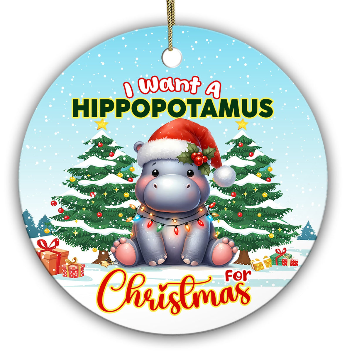 Baby Hippo in an Oversized Santa Hat Draped in Bulb Lights Between Two Trees. Ceramic Keepsake for Kids.