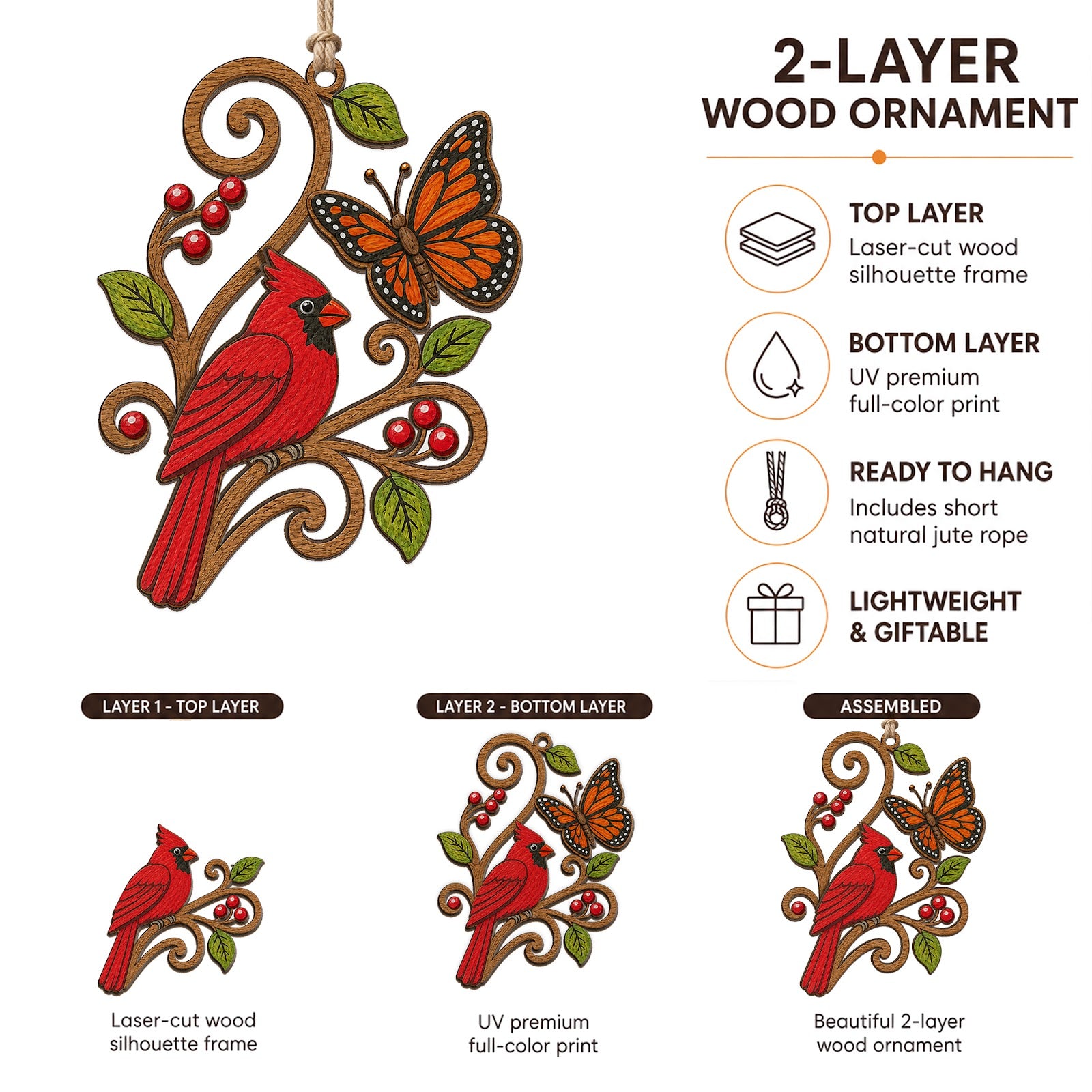 Cardinal Butterfly Christmas Ornament, Nature Gift For Bird Lover, Wood Hanging Tree Decoration