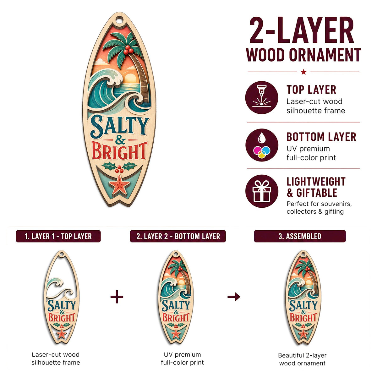 Surfboard Wood Christmas Ornament