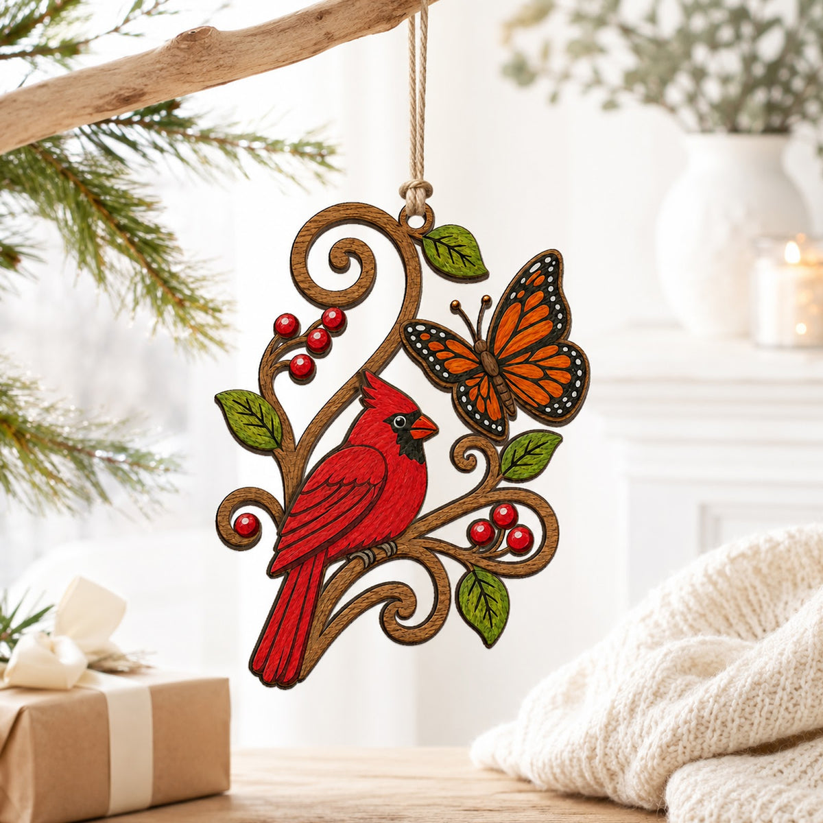 Cardinal Butterfly Christmas Ornament, Nature Gift For Bird Lover, Wood Hanging Tree Decoration