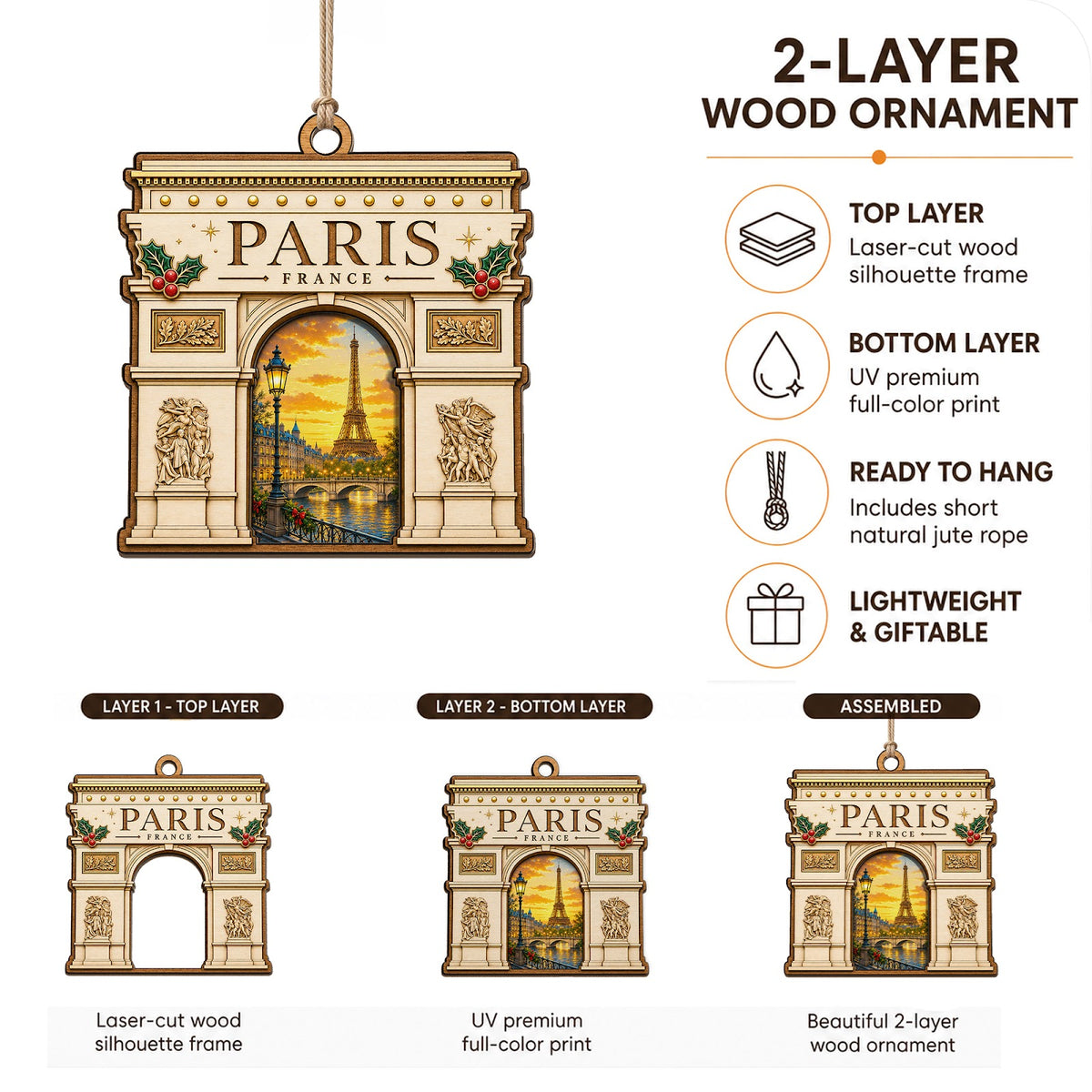 Arc de Triomphe Christmas Ornament, Paris France Travel Souvenir Gift, Wood Tree Decoration