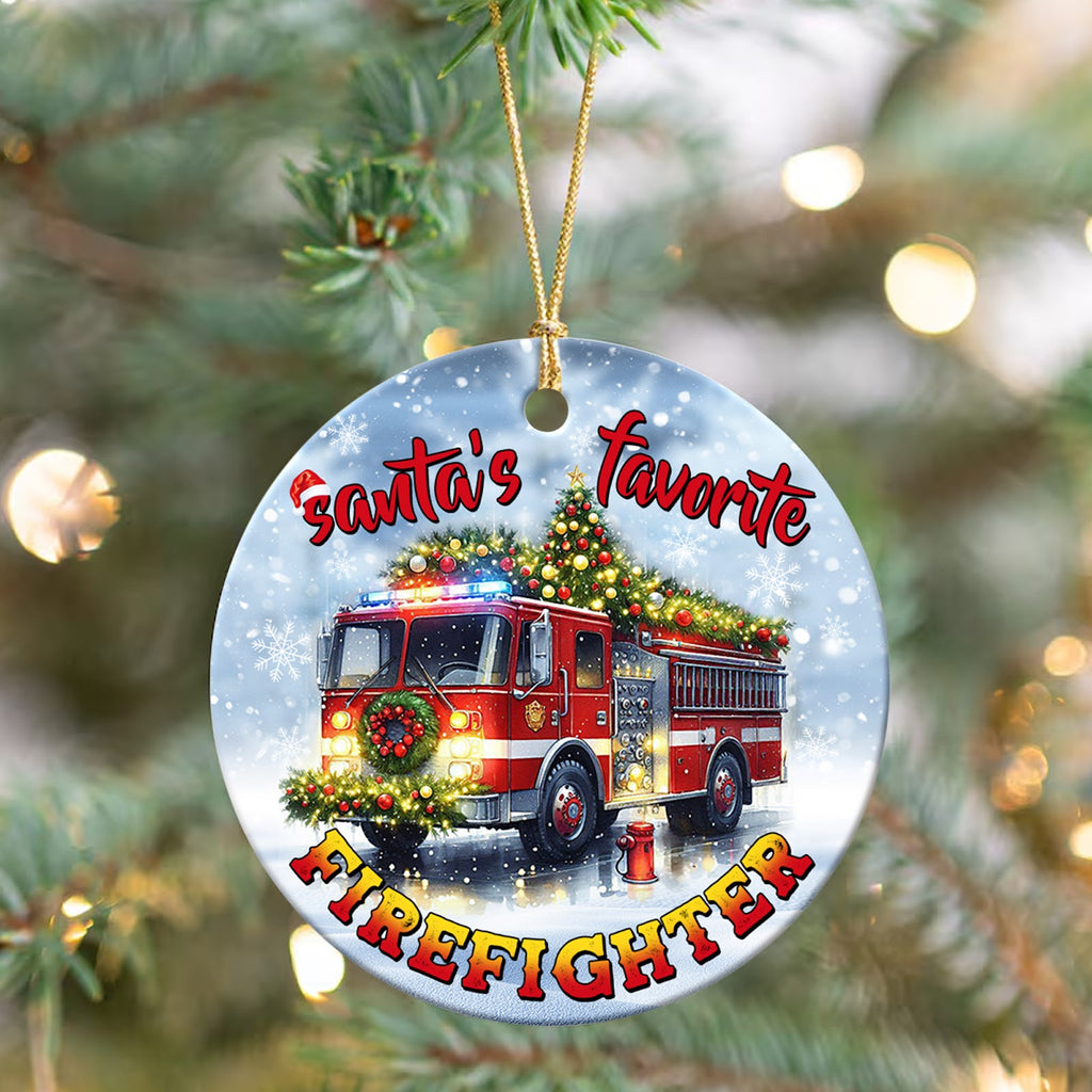 Firefighter Christmas Ornament, Fire Truck Appreciation Gift, Ceramic Hanging Tree Decoration
