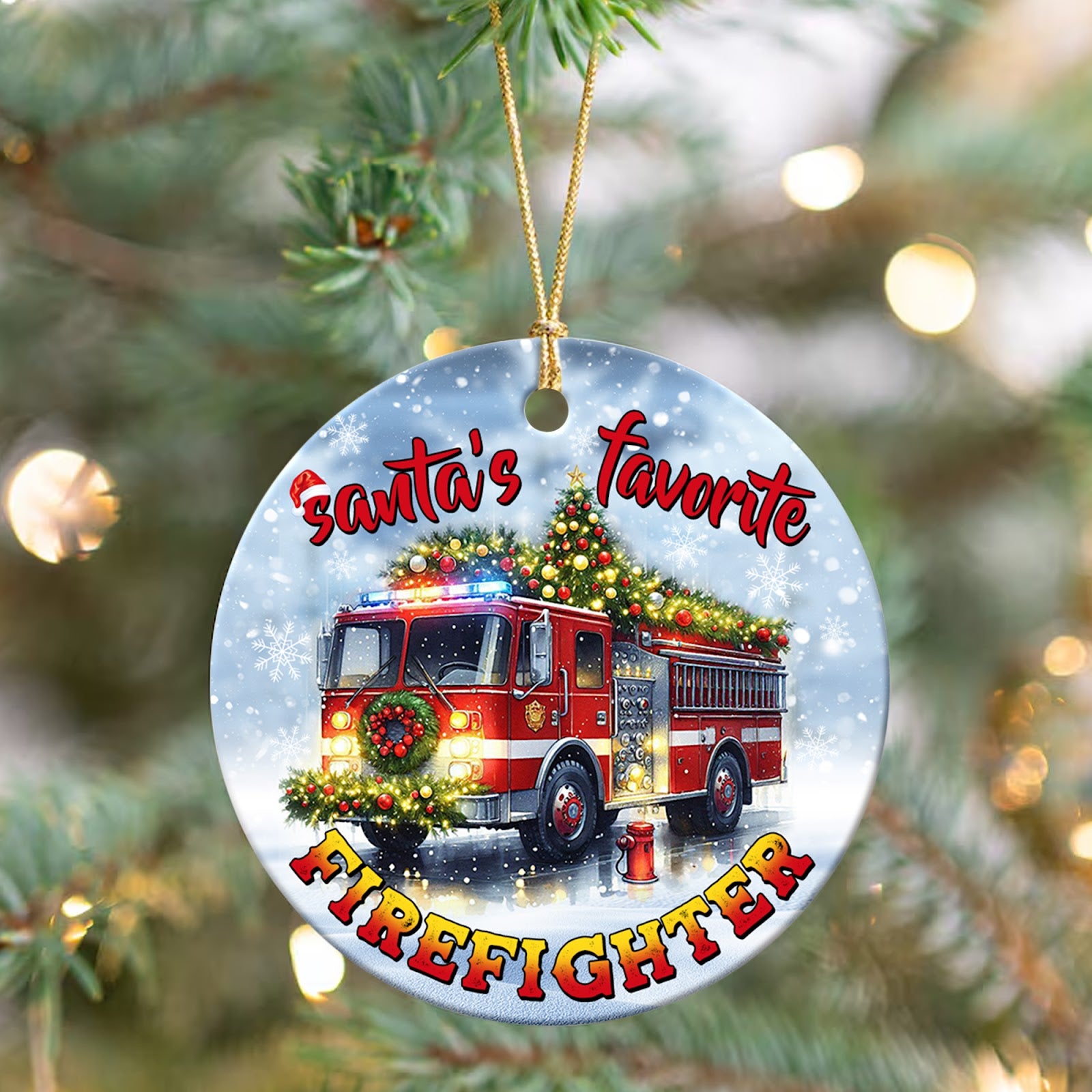 Firefighter Christmas Ornament, Fire Truck Appreciation Gift, Ceramic Hanging Tree Decoration