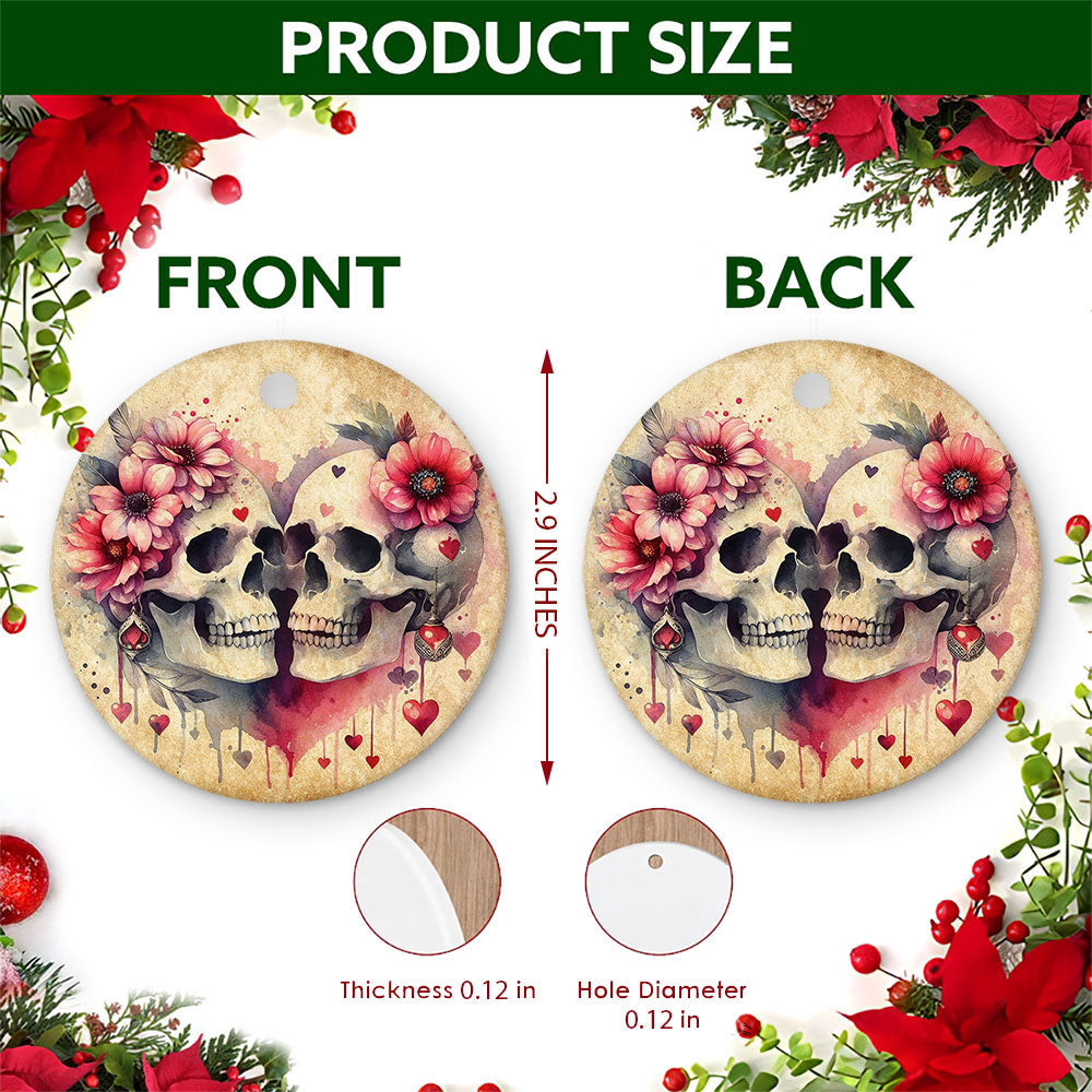 Gothic Christmas Ornament, Skull Roses Couples Keepsake, Ceramic Hanging Tree Decoration
