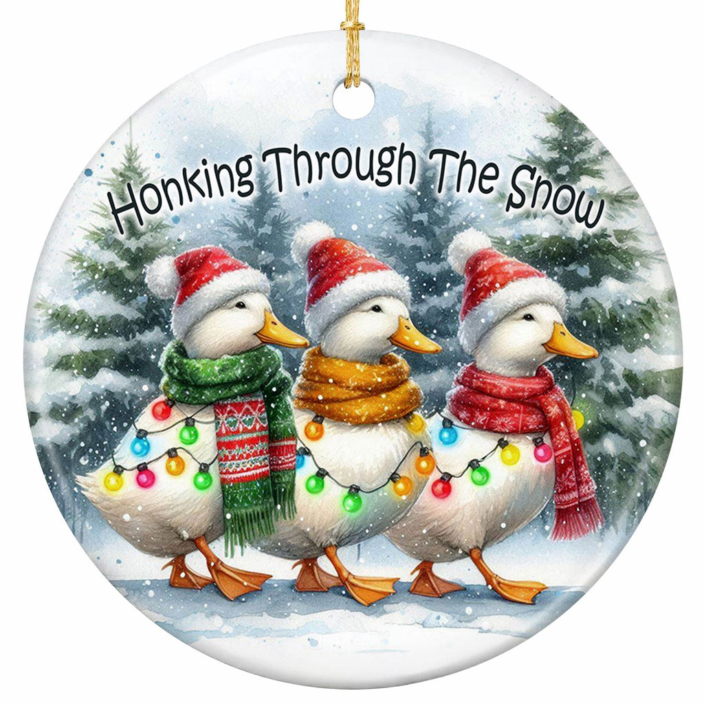 Three Ducks in Santa Hats and Knit Scarves Waddling Under One Strand of Bulbs. Ceramic Keepsake for Duck Keepers.