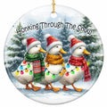 Three Ducks in Santa Hats and Knit Scarves Waddling Under One Strand of Bulbs. Ceramic Keepsake for Duck Keepers.