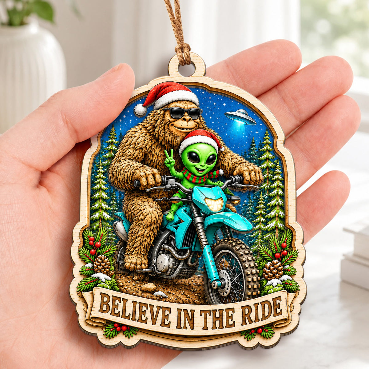 Bigfoot Biker Sasquatch Rider Christmas Ornament, Sasquatch Rider Keepsake, Wood Ornament