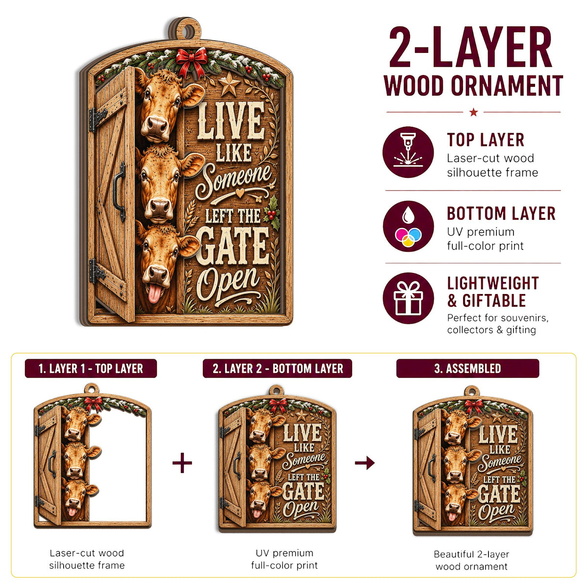 Live Like Someone Left The Gate Christmas Ornament, Farm Life Motto Keepsake, Wood Ornament
