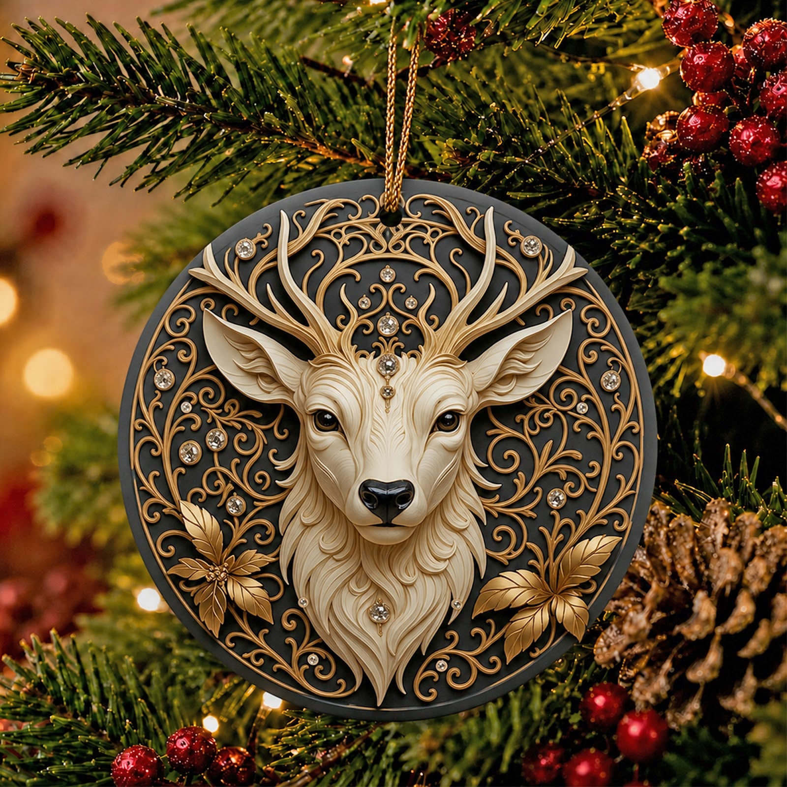 Deer Christmas Ornament, Jeweled Filigree Cabin Decor Gift, Ceramic Hanging Tree Decoration