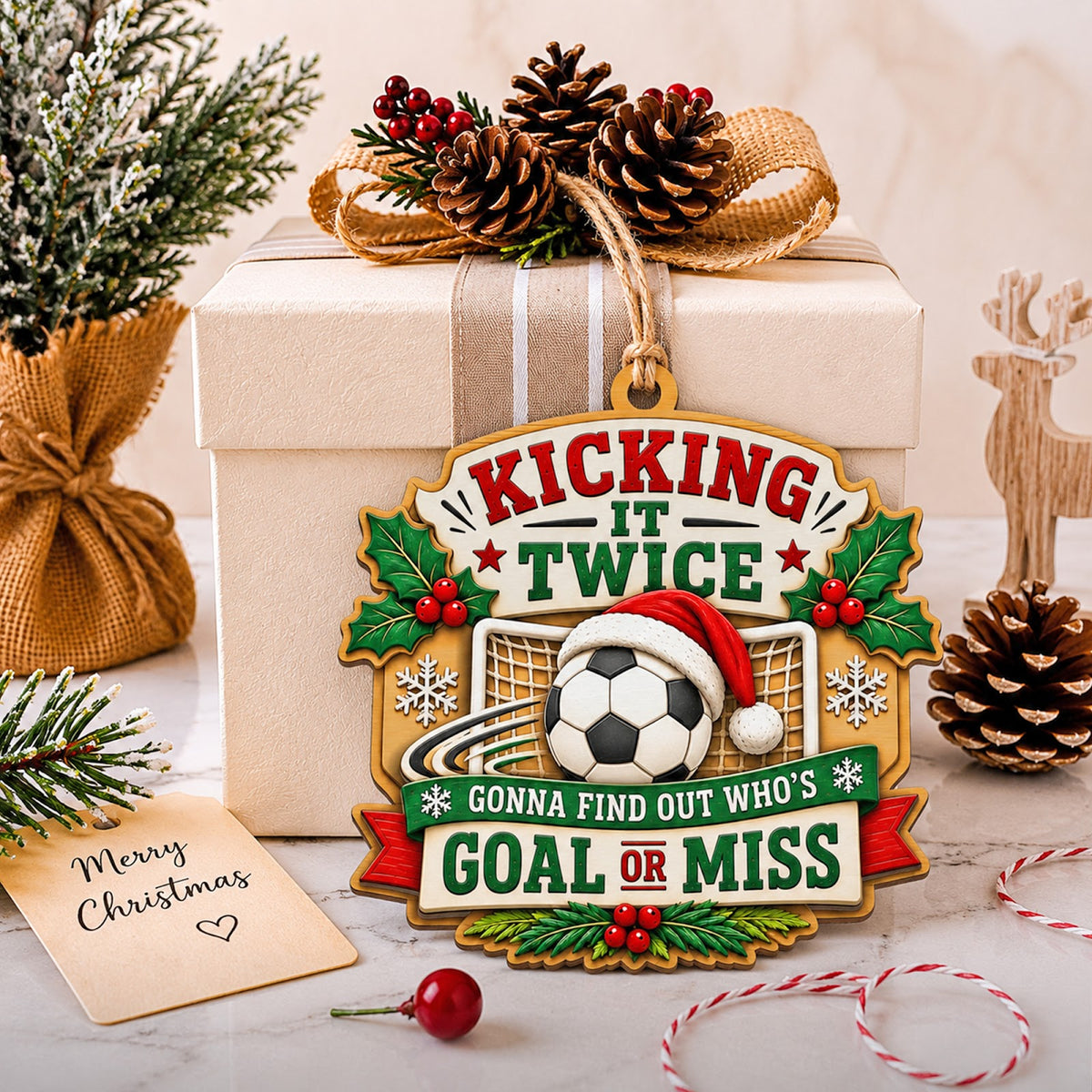Soccer Santa Hat Wood Christmas Ornament