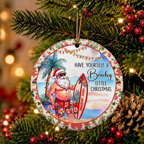 Beach Christmas Ornament, Tropical Surfboard Santa Palm Gift, Ceramic Hanging Tree Decoration