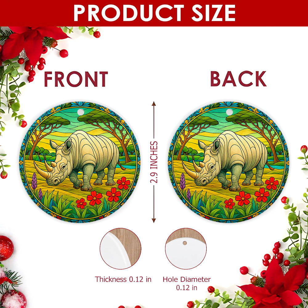 Rhino Christmas Ornament, Stained Glass Safari Animal Gift, Ceramic Hanging Tree Decoration